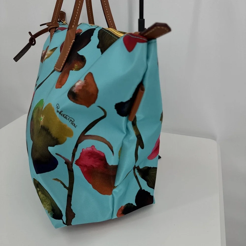 Roberta Pieri Robertina Tote Bag In Teal With Floral Print Overnight Designer